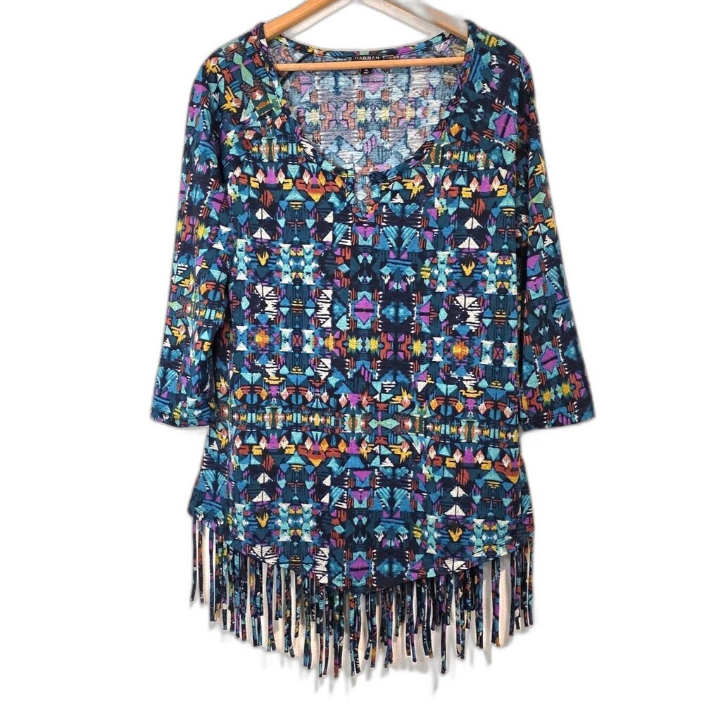 Hannah Western Boho Tunic Top Fringe Aztec Southwest 3/4 Sleeve Size XL